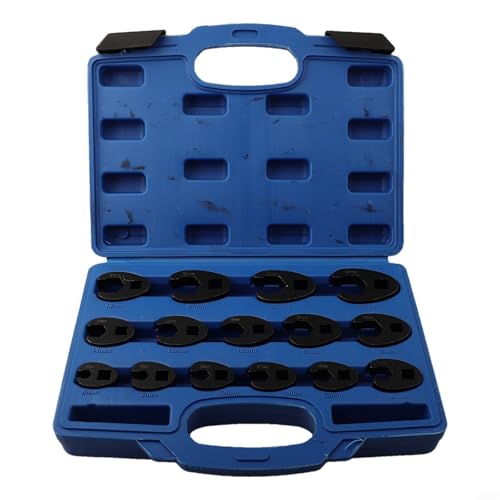 15-Piece Metric Crowfoot Wrench Set 8-24mm Chrome Vanadium Steel Open End Flare Nut Wrenches for 3/8 and 1/2 Inch Drive Ratchet Automotive Repair Tool Kit
