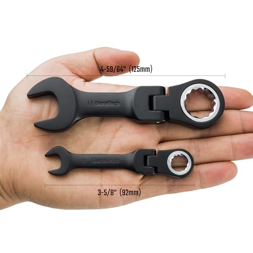DURATECH Stubby Flex-head Ratcheting Combination Wrench Set, 16-piece, Metric & SAE, 9 to 17mm & 5/16" to 3/4", CR-V Steel, Black Electrophoretic Coating, with Rolling Pouch