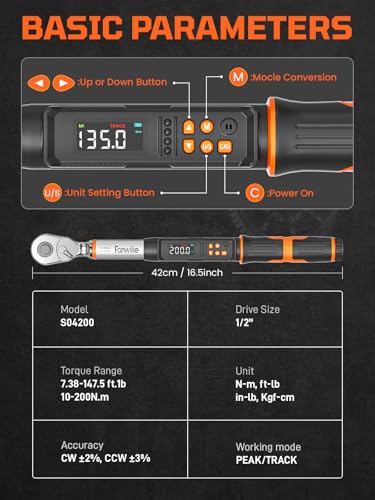 Digital Torque Wrench, 7.38-147.5 ft.lb/10-200 Nm, 1/2" Drive Inch Pound Torque Wrench Electronic with Buzzer & Colorful LED Indicator Cars Automotive