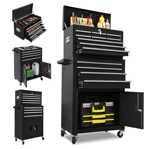 13 Drawer Rolling Tool Chest with Double Door, 2 in 1 Detachable Tool Box with Lock, Heavy Duty Rolling Tool Cabinet with Wheels & Brakes, Mechanic Tool Cart Organizer for Garage,Gift for Men (Black) - color: Black