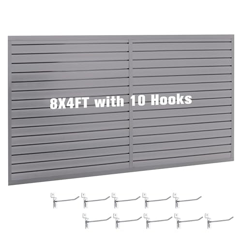 Slatwall Panel Garage Wall Organizer Storage Systems, Wall Mounted PVC Storage Rack with 10 Hooks, Interlocking Workshop Slat Wall Paneling Sheets Board Shelves Tools Organization-Grey (8’H x 4’W) - size: 8×4ft