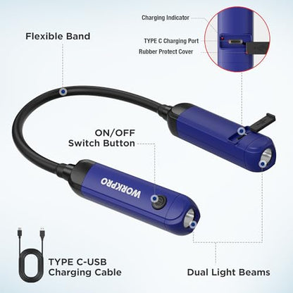 WORKPRO Rechargeable Neck Light for Hands-Free Lighting, 3 Brightness Levels 300 Lumens Neck Light, Bendable Silicone Arm, Great for Mechanics, Reading, Camping, DIY Projects, Crafting, Blue and Black - color: Blue