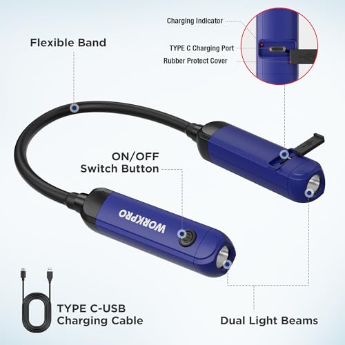 WORKPRO Rechargeable Neck Light, 3 Brightness Hands-Free Neck Work Light | Hands-Free Bendable Silicone Arm, Neck Flashlight Lamp, for Mechanics, Camping, DIY Projects, Crafting, Blue and Black - color: Blue