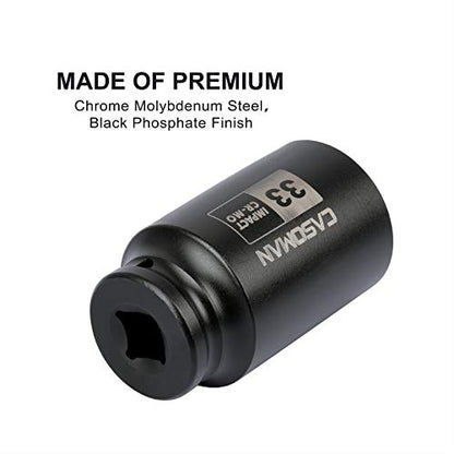 CASOMAN 1/2" Drive x 33 mm Deep 6 PT Impact Socket, CR-MO, 1/2-inch Drive 6 Point Axle Nut Socket for Easy Removal of Axle Shaft Nuts (33MM) - size: 33 mm (Deep), style: 6-Point Socket