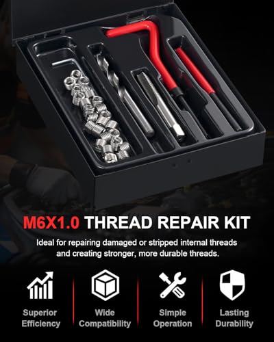 Kolvoii M6×1.0 Helicoil Thread Repair Kit, Metric M6 Helicoil kit with HSS Drill Bit, Tap & Stainless Steel Inserts for Automotive & Motorcycle Stripped Bolt Repair - size: M6×1.0