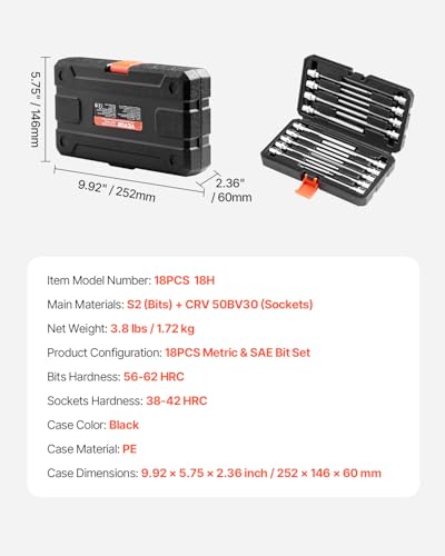 VEVOR Extra Long Allen Hex Bit Socket Set, 18-Piece 3/8 inch Drive, S2 Alloy Steel and Cr-V Steel, Standard SAE and Metric 1/8-Inch-3/8-Inch, 3-12mm, with Enhanced Storage Case, for Mechanics - style: 18 PCS Hex