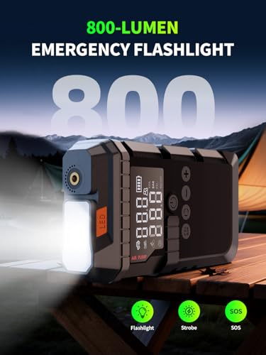 Portable Car Battery Jump Starter with Air Compressor, 6000A Car Battery Booster (All Gas/12L Diesel) with 45W Fast Charge, 160PSI Auto-Shut Off Tire Inflator,LED Light, Jumper Cables,Golves