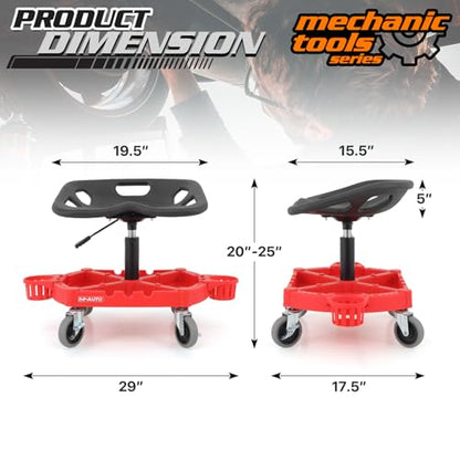 M-AUTO Padded Seat Shop Chairs for Garage with Wheels, 17.5”-22.5” Height Adjustable Swivel Mechanics Seat with Tool Organizer Tray for Garage and Garden, 300lbs Capacity - size: 22.5"
