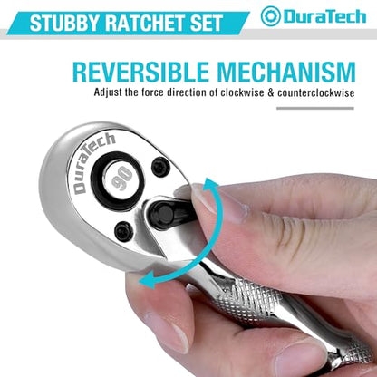 DURATECH 3PCS Stubby Ratchet Wrench Set, 90-Tooth 1/4" 3/8" 1/2" Drive Socket Wrench, Mini Small Ratchet with CR-MO Head, Quick-Release & Reversible Design, Full Polished, EVA Organizer - style: 1/4" & 3/8" & 1/2" Ratchet Set (3-Piece)