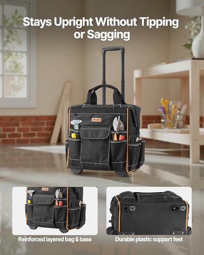 VEVOR 15" Rolling Tool Bag, 110 lbs Load Capacity, 25 Pockets Heavy Duty Roller Tool Bag on Wheels, Adjustable Telescoping Handle & Stable Base, Toolbag Organizers w/Wheels for Construction, Mechanic - size: 15 in