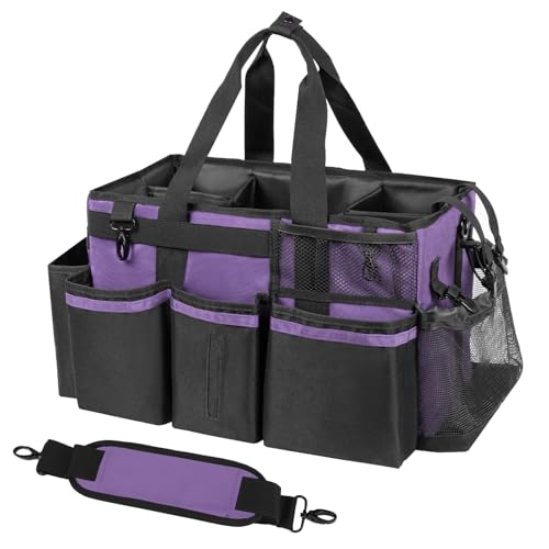 SCAVATA Wearable Cleaning Caddy, Cleaning Caddy Supplies Organizer with Handle & Shoulder Straps for Housekeepers, Under Sink & Car Cleaning Tool Organizers Bag with 4 Foldable Divider (Purple) - color: Purple