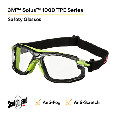3M Safety Glasses, Solus 1000 Series, S1201SGAF-TSKT, Green/Black, Scotchgard Anti-Fog Coating, Clear Lens, Anti Scratch, with TPE Gasket and Elastic Strap, Pack of 1