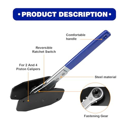 Brake Caliper Compression Tool, 360 Degree Swing Ratchet Brake Pad Tool with 2 Caliper Hanger, Universal Piston Spreader for Single Twin Quad Piston Car Repair Kit (Blue)