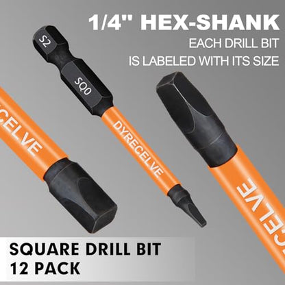 DYRECELVE 12-Pack Square Drive Bit Set, Magnetic Impact Screwdriver Bits | S2 Steel 1/4" Hex Shank, 2.56-Inch Square Head Screwdriver Bits, #0 #1 #2 #3 #4 for RV, Trailer, Cabinet and Deck Repairs - color: Black