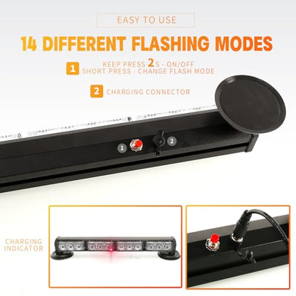 14.8" Battery Powered Emergency Strobe Lights Bar for Trucks/Vehicles Rechargeable Wireless Rooftop Mini Hazard Flashing LED Beacon Warning Light w/Magnetic Base (R/W/R/W) - color: #03 R/W/R/W