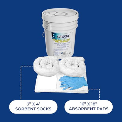 Stardust Spill Products D905P Oil Spill Kit with Portable Bucket | OSHA Approved, 15 Oil Absorbent Pads, 2 3x4' Absorbent Socks, 4 Disposal Bags & Nitrile Gloves, for Fast Response