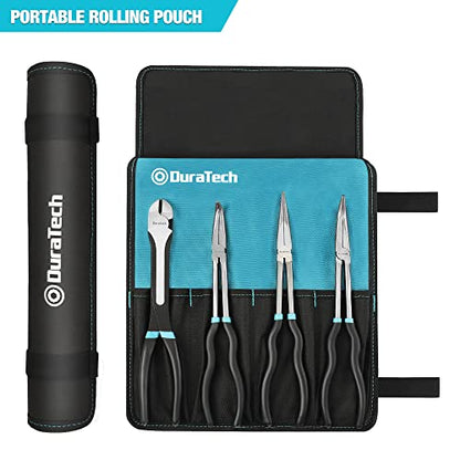 DURATECH 4 PCS Extra Long Needle Nose Pliers Set, Premium CRV Steel, 11" Long Reach Straight & 90° Bent Nose & 45°Bent Nose & Diagonal Pliers for Hard-to-Reach Narrow Spaces
