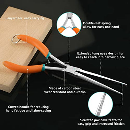 SPEEDWOX Extra Long Needle Nose Pliers with Anti-Loss Lanyard Needle Remover Pliers with Serrated Jaw for Jewelry Making, Bending Wire and Small Object Gripping for Hard to Reach Narrow Spaces - style: Extra Long Nose