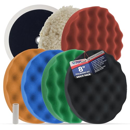 TCP Global Professional 6 Pad Buffing and Polishing Kit with 5 Waffle Foam Pads and 1 Wool Grip Pad for Car Detailing - Complete 8 inch Polisher Buffing Pads Set with 5/8 inch Threaded Backing Plate
