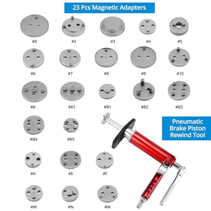 QWORK 24-Piece Pneumatic Brake Caliper Tool Set with Case – Compatible with American, European, Japanese Vehicles, Includes Rewind Tool, Adapters, Brake Caliper Wind Back Tool Professional Brake Tool