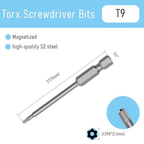 5PCS T9 Magnetic Tamper Proof Torx Screwdriver Bits, 1/4 Inch Hex Shank 3 Inch Length S2 Steel Security Drill Torx Head Drill Screw Driver Tools(75mm Long, Star 6 Point) - size: T9