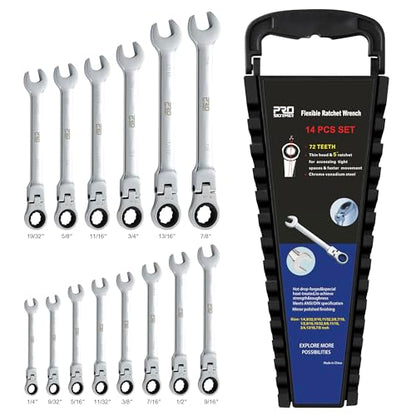 Prostormer Flex Head Ratcheting Wrench Set | SAE 1/4"-7/8",14-Piece Chrome Vanadium Steel Combination Wrench Set with Rack