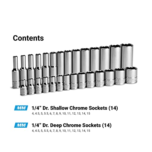 Capri Tools 1/4 in. Drive 12-Point Shallow and Deep Socket Set, Metric, 4 to 15 mm, 28-Piece - size: Shallow & Deep Set / 4-15 mm