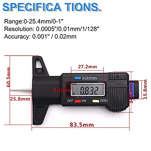 Tire Tread Depth Gauge, Digital Tire Tread Depth Gauge LCD with Inch and MM Conversion of 0-0.98 Inches, Tread Checker Tire Tester for Cars Motorcycle Trucks Vans SUV, Black