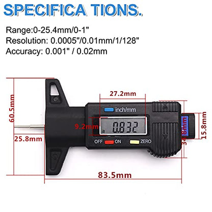 Tire Tread Depth Gauge, Digital Tire Tread Depth Gauge LCD with Inch and MM Conversion of 0-0.98 Inches, Tread Checker Tire Tester for Cars Motorcycle Trucks Vans SUV, Black