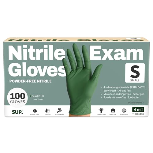 SUP Powder-Free Nitrile Exam Gloves, 100 Count Food Safe Latex-Free Disposable Gloves for Medical Lab Cooking Cleaning, Green - color: Smal (Moss Green)