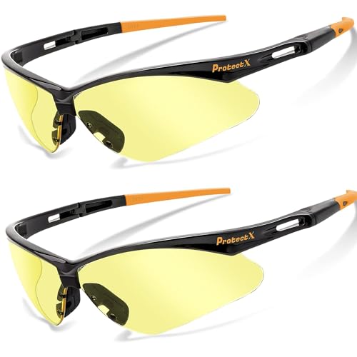 ProtectX Safety Glasses for Men & Women, Safety Sunglasses with Anti-Fog Scratch Resistant Lenses, Non-Slip Grips, ANSI Z87.1 - color: Evergreen Orange Tip Amber 2 Pk