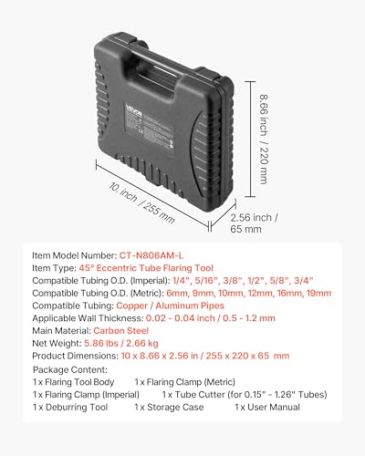 VEVOR Flaring Tool HVAC, 45° Eccentric Single Flaring Tool for 1/4"-3/4" & 6-19mm Copper Aluminum Tubes - with Metric & SAE Clamps, Tube Cutter & Toolbox for Refrigeration Air Conditioner Repair - size: SAE & Metric Sizes
