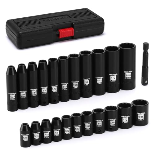 EMENTOL 1/4" Drive Impact Socket Set, 23 Pieces Deep & Shallow Socket Set, SAE 5/32"-9/16", 12 Point CR-V, Includes Drill Bit Adapter - size: 1/4" Drive (5/32"-9/16")