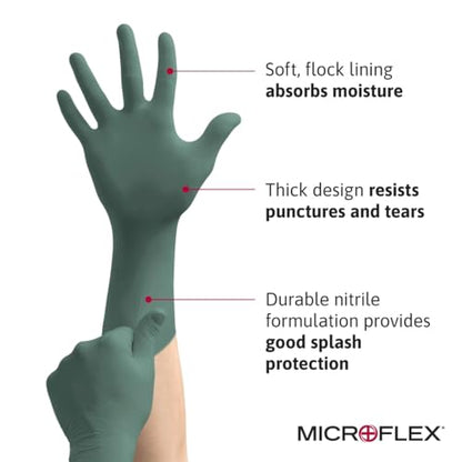 Ansell MICROFLEX Dura Flock DFK-608 Thick 11mil Nitrile Gloves w/Flock Lining for Automotive, Aftermarket, Machinery - Medium, Green (Case of 500) - size: Medium, style: Pack of 500