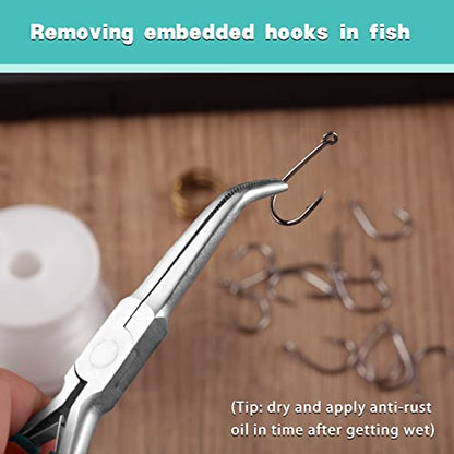 SPEEDWOX Long Needle Nose Pliers With Serrated Jaw Bent Needle Nose Pliers Fishing Pliers Hook Remover Needle Remover Pliers Fishing Tools With Anti-Loss Lanyard (Curved Tips, Curved Handle) - style: Curved Tips&Curved Handle