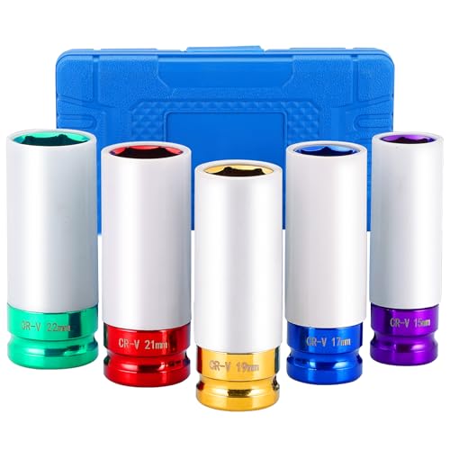 DASBET 1/2'' Drive 5Pcs Wheel Lug Nuts Socket Set | Wheel Protector Impact Socket, Impact Lug Nut Socket Set, Deep Non-Marring Thin Wall Impact Socket Set, Color-Coded Metric 15mm 17mm 19mm 21mm 22mm