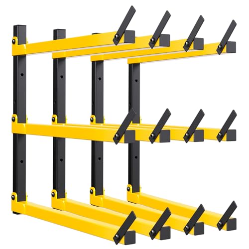 GREENER Lumber Storage Rack Folding Wood Storage Racks Wall-Mounted Metal Racks for Storage with 3-Level Heavy Duty Garage Wood Organizer for Woodworking Shop Indoor & Outdoor Use, 4 pairs,Yellow - style: 4 Pack-3 Level