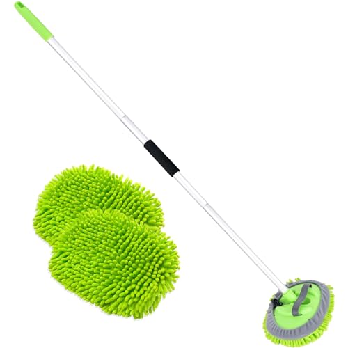 62" Car Wash Brush with Long Handle and Car Wash Brush Microfiber Car Cleaning Brush Kit for Car RV Truck Cleaning 1 Chenille Scratch-Free Replacement Head with Aluminum Alloy Pole (Green) - color: Green