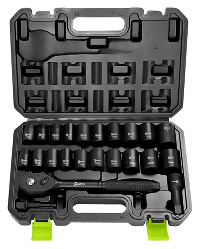 1/2" impact socket set, 23-Piece Ratchet and Socket Set Metric (13–24mm), 6-Point Cr-V Alloy Steel, with Ratchet Handle & Storage Case – Rugged Construction for Auto Repair - style: 23PC