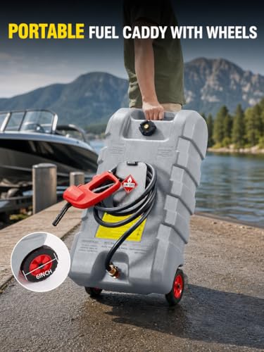 15 Gallon Gas Can, Fuel Tank Container with Fluid Transfer Manual Siphon Pump & 10FT Hose, Portable Diesel Gas Storage Caddy with Wheels for Car, ATV, Weeder, Boat (Grey) - color: Grey