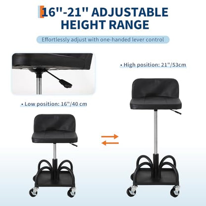 Rolling Creeper Seat with Wheels, 300 Lbs Capacity, 16"-21" Height Adjustable Garage Mechanic Stool with Ergonomic Padded Seat & Tool Tray, Shop Stool for Auto Repair, Black - size: Model 3