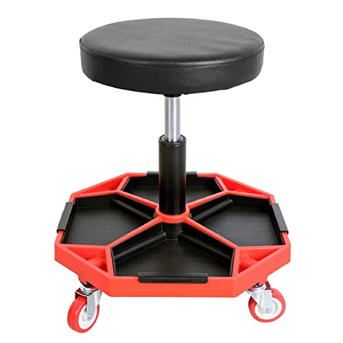 TCE ATRXF8308U Pneumatic Creeper Seat/Padded Adjustable Mechanic Stool with Removable Tool Tray Storage, 300 lb Capacity, Black/Red