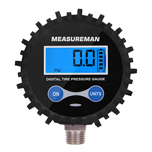 MEASUREMAN 2-1/2" Dial Size Digital Air Pressure Gauge with 1/4'' NPT Bottom Connector and Protective Boot, 0-200psi, Accuracy 1%, Battery Powered with LED Light - size: Short thread, style: 0-200psi