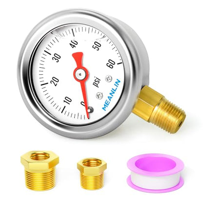 MEANLIN MEASURE 0~60Psi Stainless Steel 1/8" NPT 1.5" FACE DIAL, Glycerin Filled Pressure Gauge, Liquid Filled, Water Oil Air, Lower Mount, with 1/4" NPT and 3/8" NPT Hex Bushing - size: 0-60Psi
