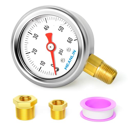 MEANLIN MEASURE 0~60Psi Stainless Steel 1/8" NPT 1.5" FACE DIAL, Glycerin Filled Pressure Gauge, Liquid Filled, Water Oil Air, Lower Mount, with 1/4" NPT and 3/8" NPT Hex Bushing - size: 0-60Psi