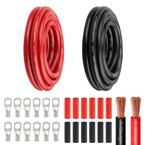 6 Awg Battery Power Cable -10FT Red + 10FT Black 6 Gauge Flexible Welding Cable OFC Copper Wire with Lugs Terminal Connectors and Heat Shrink Tube for Automotive, Battery, Inverter,Boat and Generator - color: Red+black-10ft, size: 6AWG
