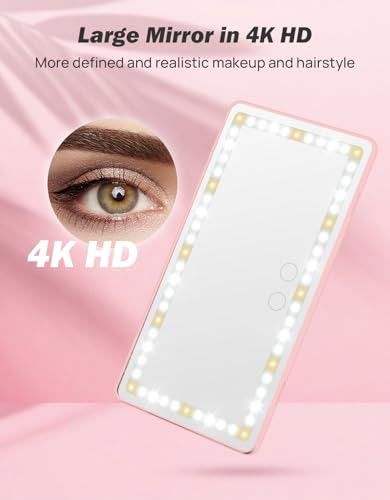 JOYTUTUS Car Sun Visor Vanity Mirror, Car Mirror with 3 Light Modes & 60 LEDs, Rechargeable, Touch Control, Universal Fit - color: Pink
