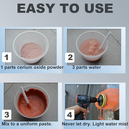 Cerium Oxide Glass Polishing Kit/Cerium Oxide Windshield Cleaning Kit - Remove Wiper Marks Water Spots Oil Film, Restore Glass Clarity, Includes 4" Felt Polishing Wheel for Auto Glass