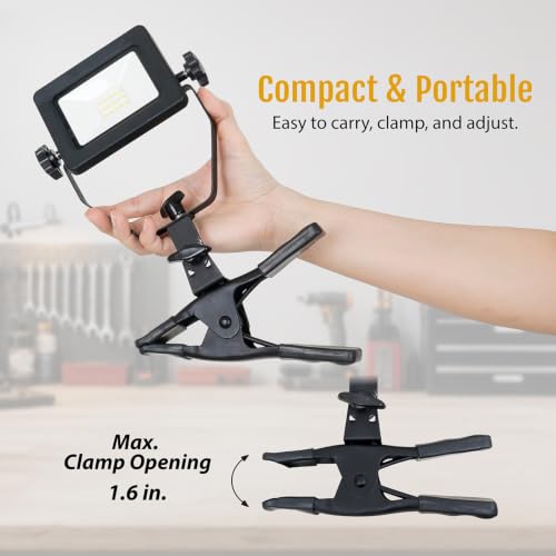 1200 Lumens Portable LED Clamp Work Light with 5ft 120V AC/60Hz Power Plug, Lightweight Design, Suitable for wet location, 10 Watts, 5000K Daylight, ETL Certified