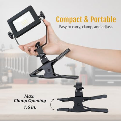 1200 Lumens Portable LED Clamp Work Light with 5ft 120V AC/60Hz Power Plug, Lightweight Design, Suitable for wet location, 10 Watts, 5000K Daylight, ETL Certified